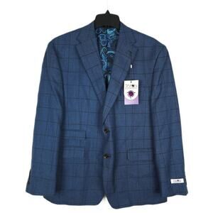 Tayion Men's Classic-Fit Stretch Wool Suit Jacket Navy/Brown Windowpane 42L NWT